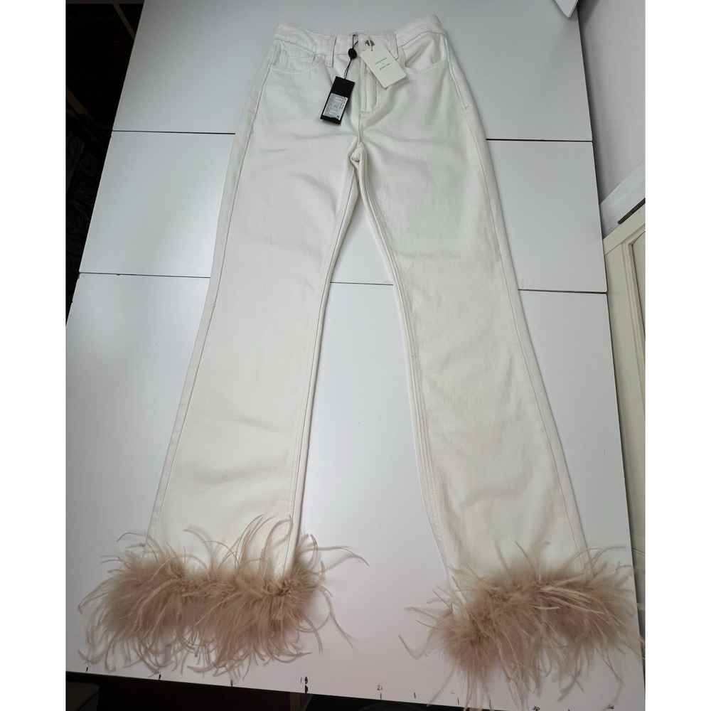 Gianni Bini Women's Sz 25 Anna Denim Straight Leg Feather Detail Jeans Cream NWT